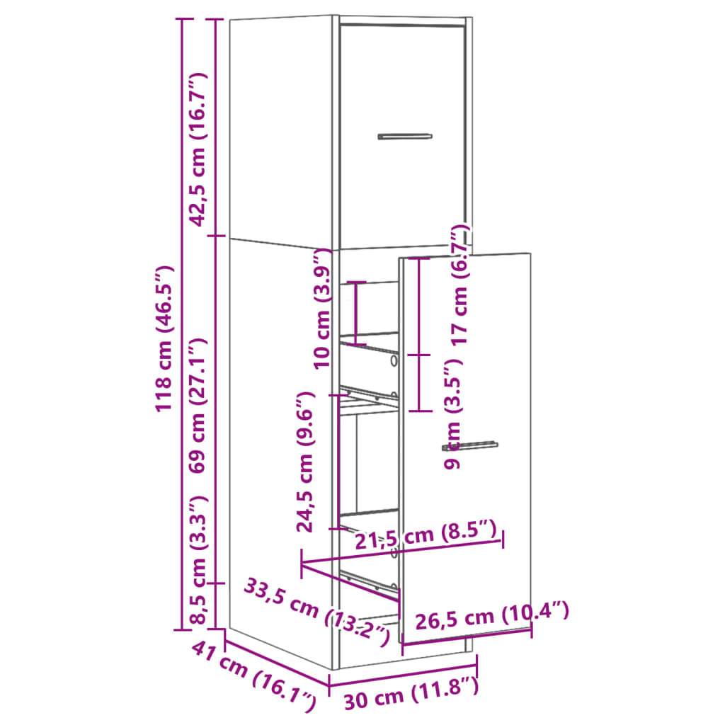 vidaXL Apothekerschrank Grau Sonoma 30x41x118 cm Holzwerkstoff