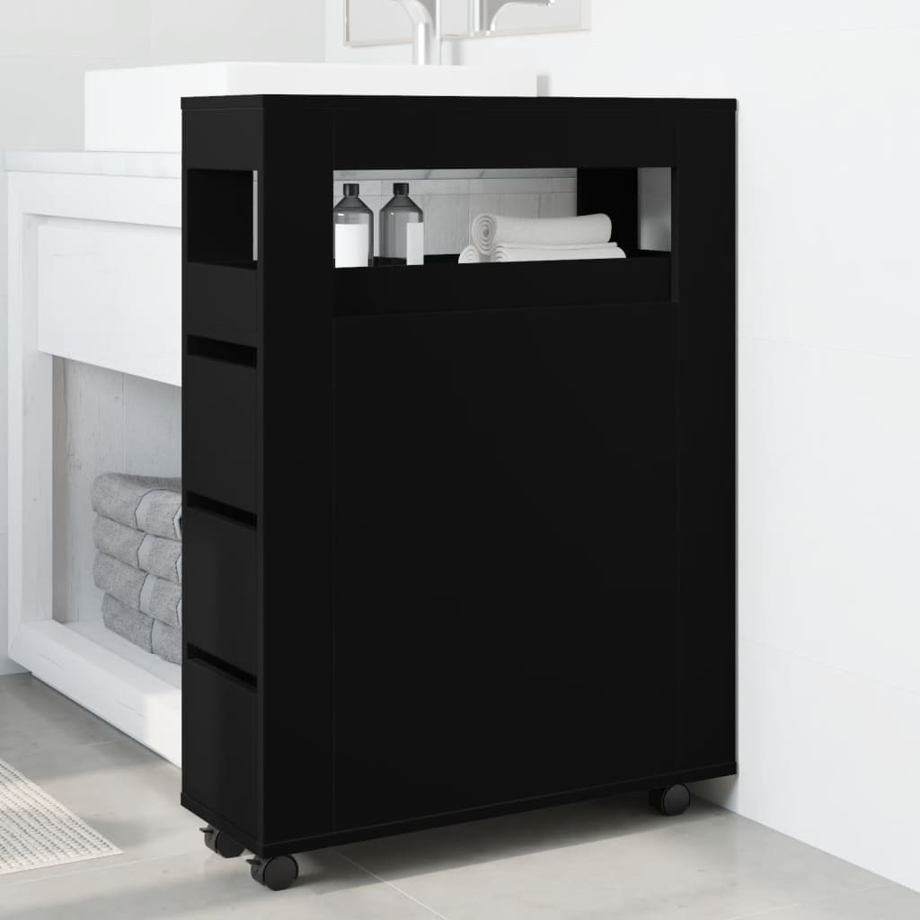 vidaXL Badschrank Schmal mit Rollen Schwarz Holzwerkstoff