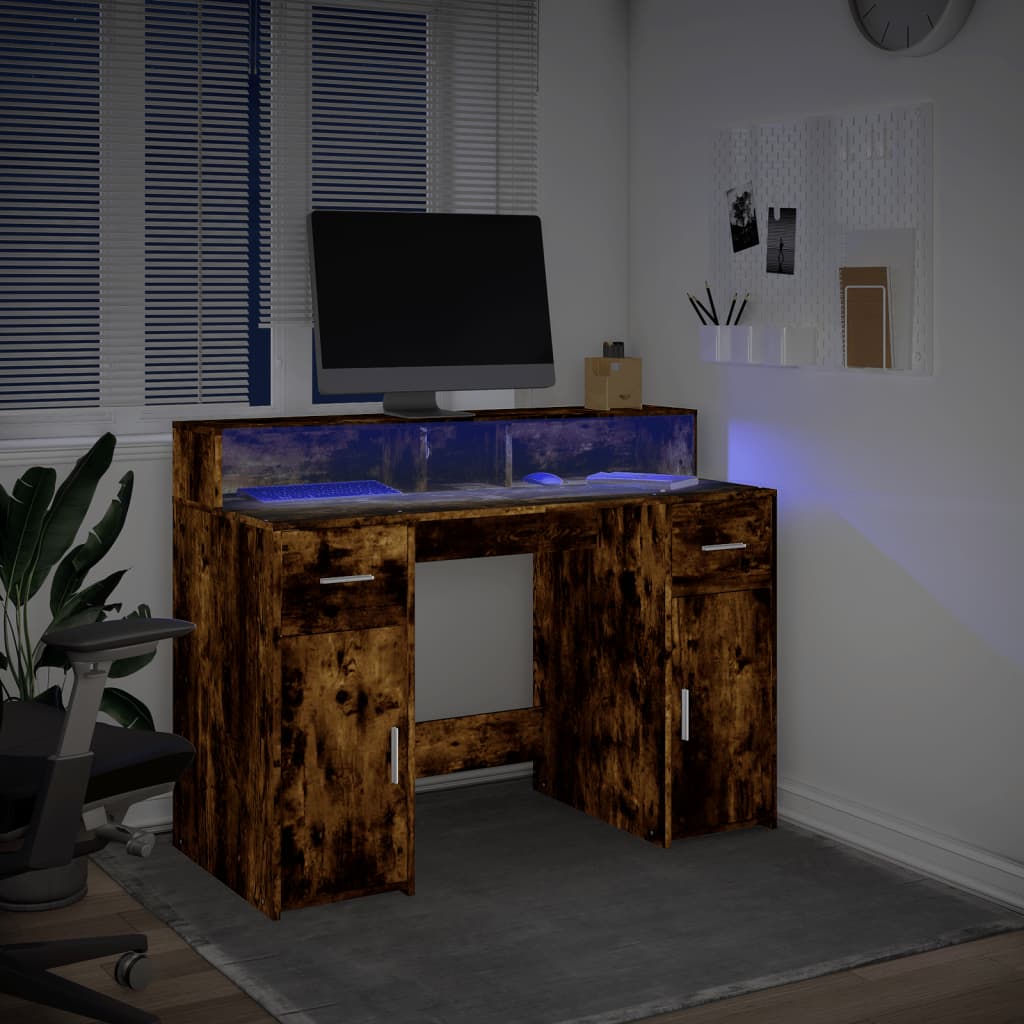 vidaXL LED-Schreibtisch Räuchereiche 120x55x91 cm Holzwerkstoff