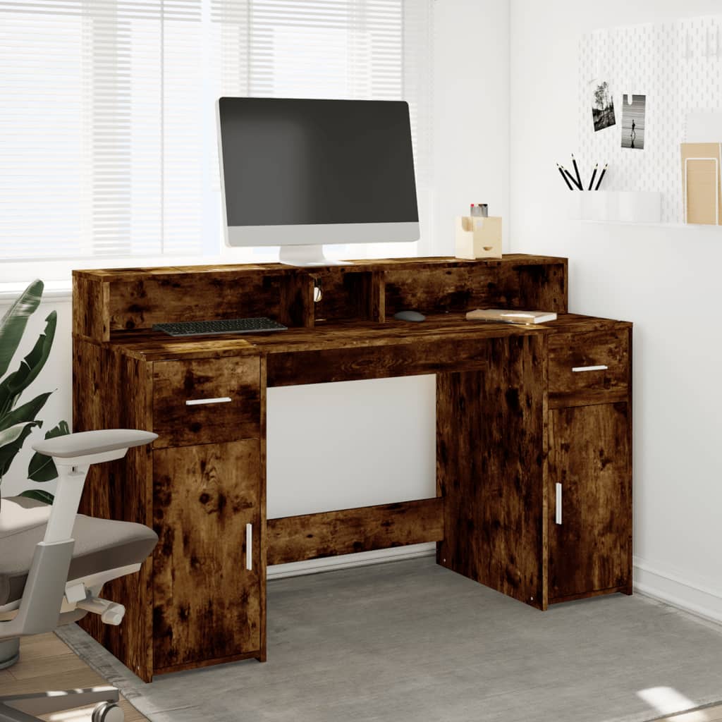 vidaXL LED-Schreibtisch Räuchereiche 140x55x91 cm Holzwerkstoff