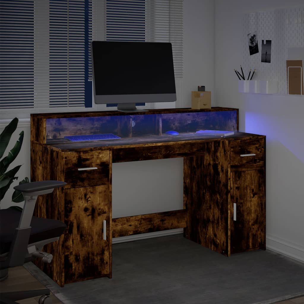 vidaXL LED-Schreibtisch Räuchereiche 140x55x91 cm Holzwerkstoff