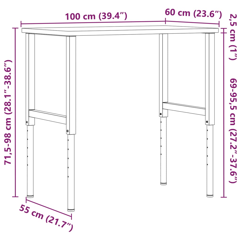 vidaXL Werkbank 100x60x(71,5-98) cm Massivholz Eiche Rechteckig