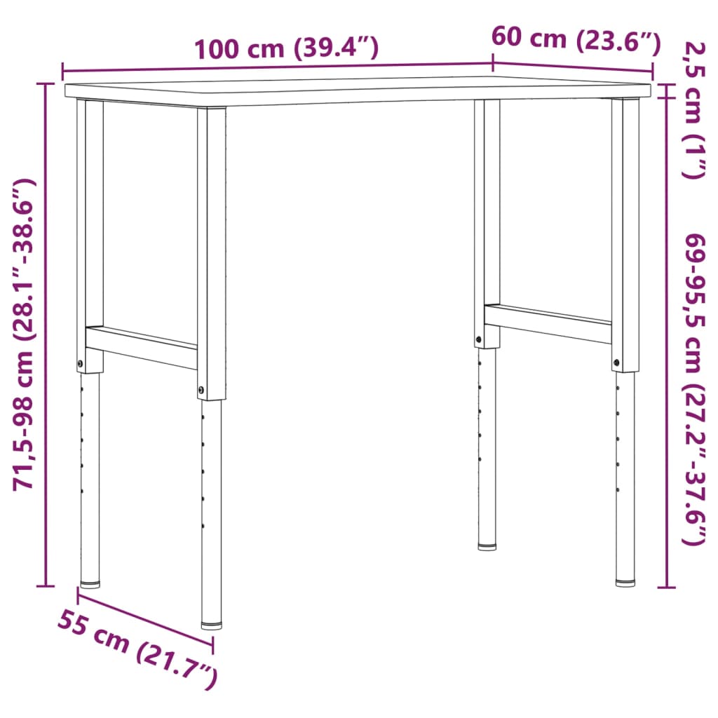 vidaXL Werkbank 100x(55-60)x(71,5-98) cm Massivholz Buche