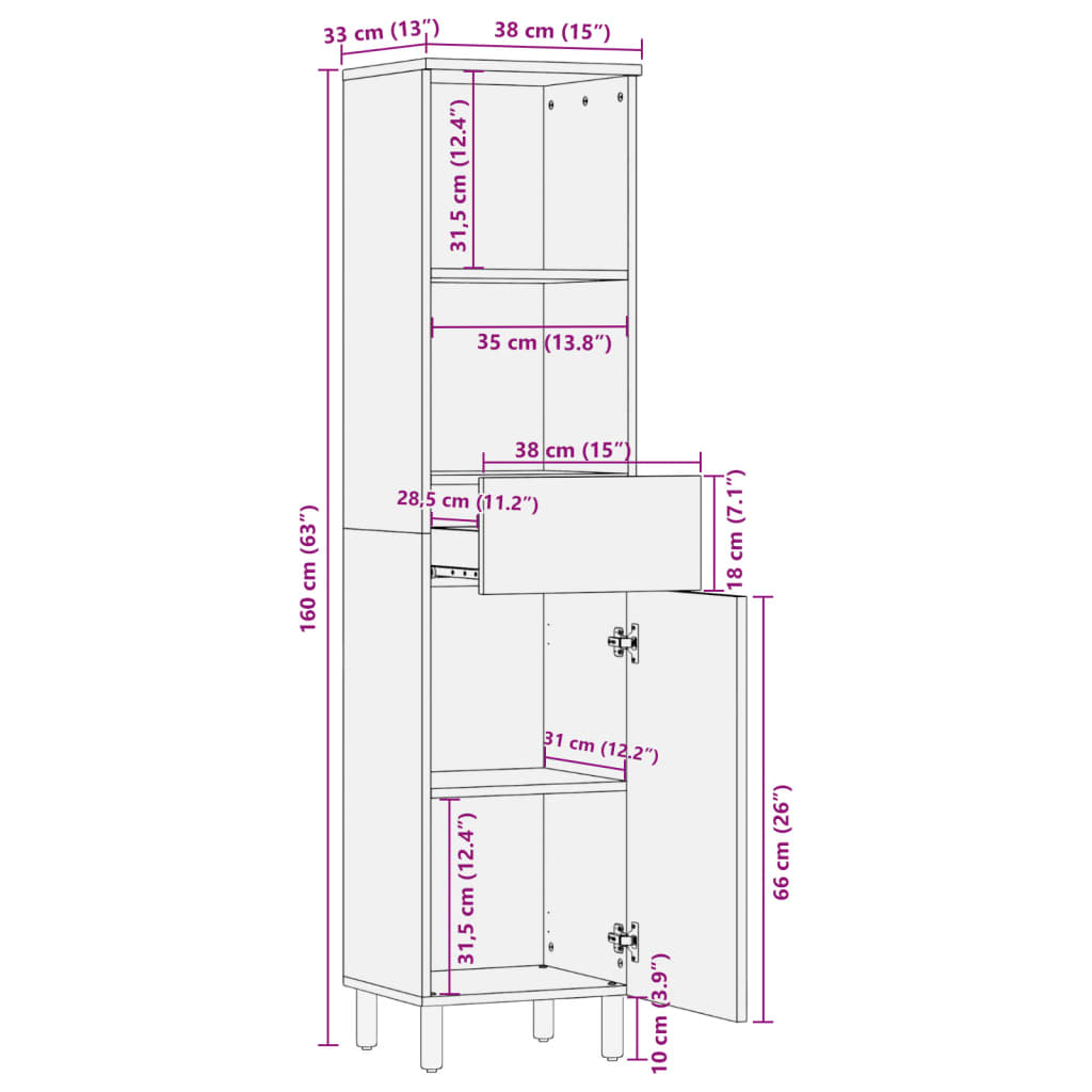 Badschrank Schwarz 38x33x160 cm Massivholz Mango