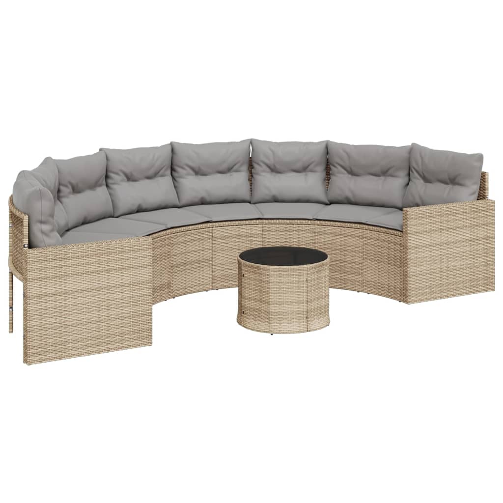 vidaXL Gartensofa mit Tisch und Kissen Halbrund Beige Poly-Rattan