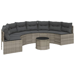 vidaXL Gartensofa mit Tisch und Kissen Halbrund Grau Poly Rattan