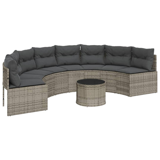 Gartensofa mit Tisch und Kissen Halbrund Grau Poly Rattan