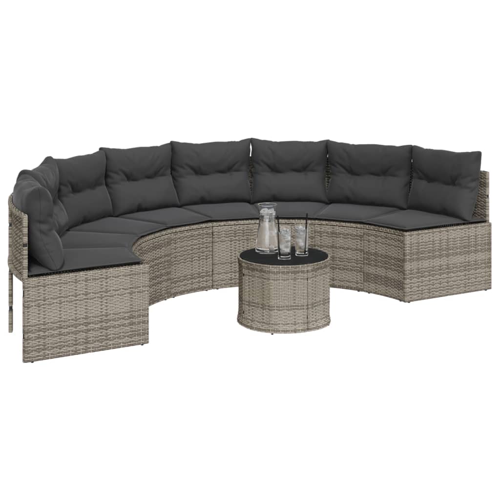 vidaXL Gartensofa mit Tisch und Kissen Halbrund Grau Poly Rattan