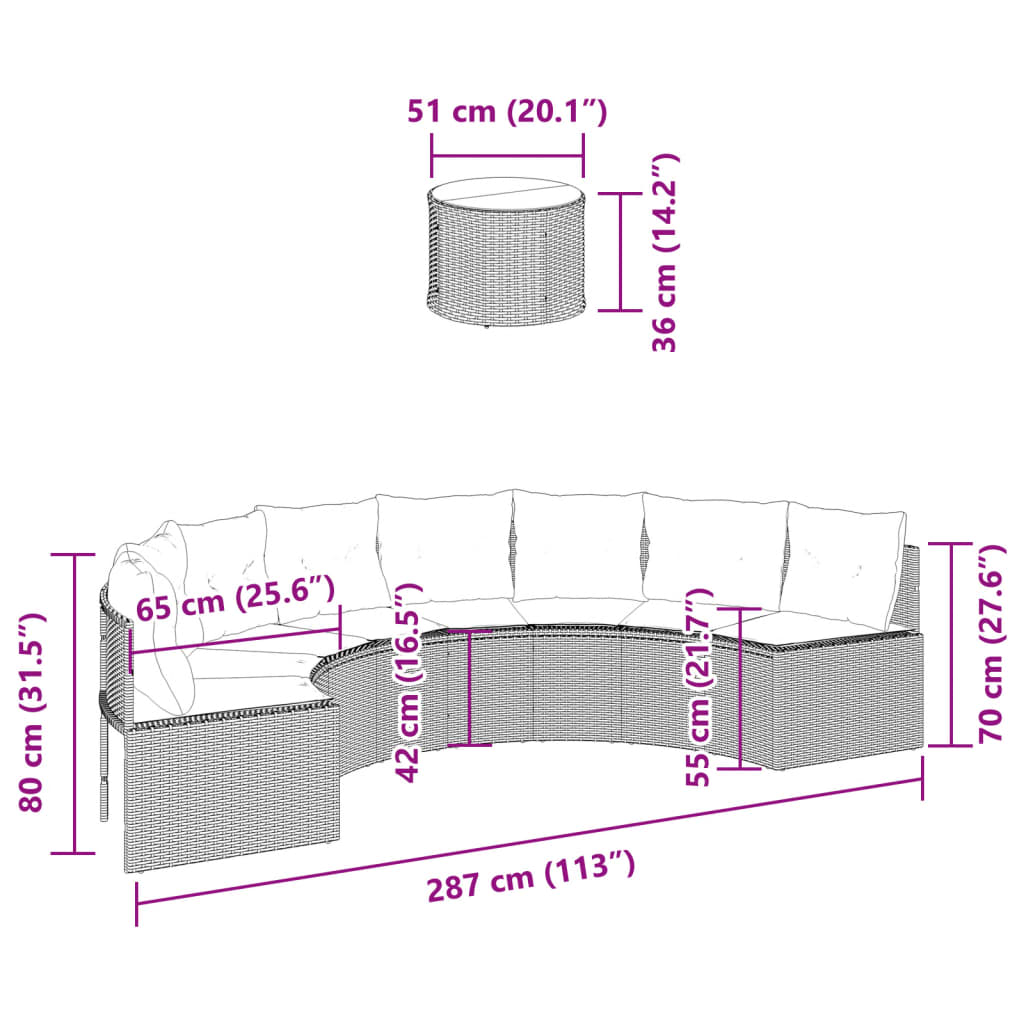 vidaXL Gartensofa mit Tisch und Kissen Halbrund Grau Poly Rattan