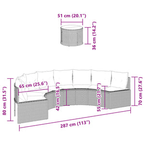 vidaXL Gartensofa mit Tisch und Kissen Halbrund Grau Poly Rattan