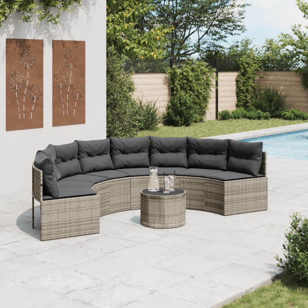 vidaXL Gartensofa mit Tisch und Kissen Halbrund Grau Poly Rattan