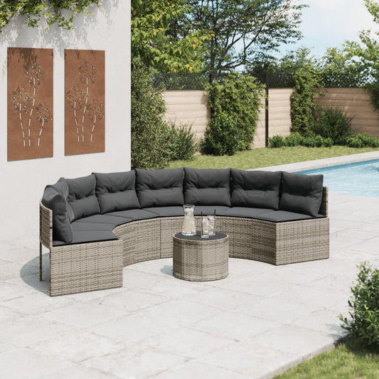 Gartensofa mit Tisch und Kissen Halbrund Grau Poly Rattan