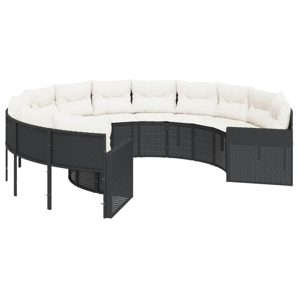 vidaXL Gartensofa mit Kissen Rund Schwarz Poly-Rattan