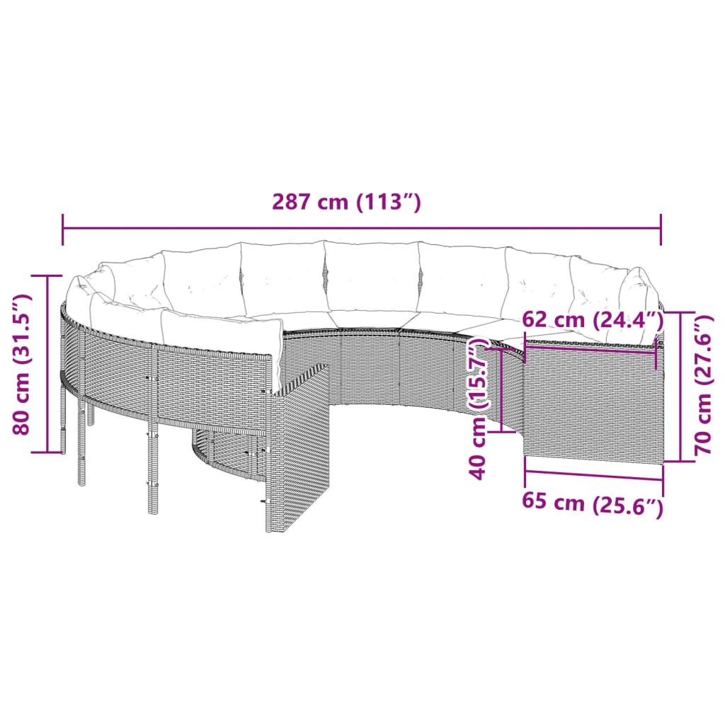 vidaXL Gartensofa mit Kissen Rund Schwarz Poly-Rattan