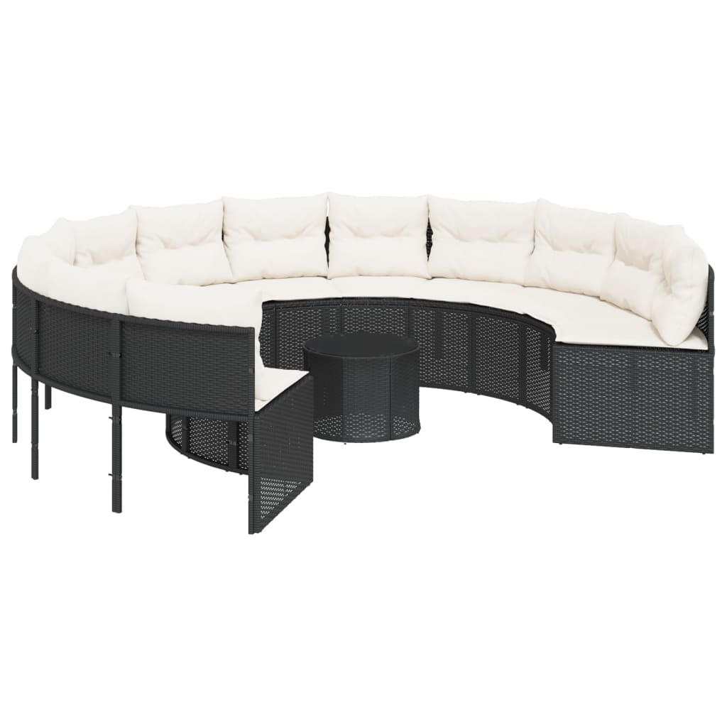 vidaXL Gartensofa mit Tisch und Kissen Rund Schwarz Poly-Rattan