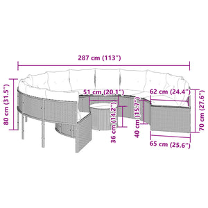 vidaXL Gartensofa mit Tisch und Kissen Rund Schwarz Poly-Rattan