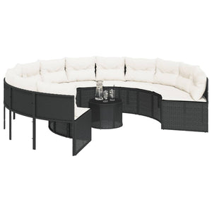 vidaXL Gartensofa mit Tisch und Kissen Rund Schwarz Poly-Rattan