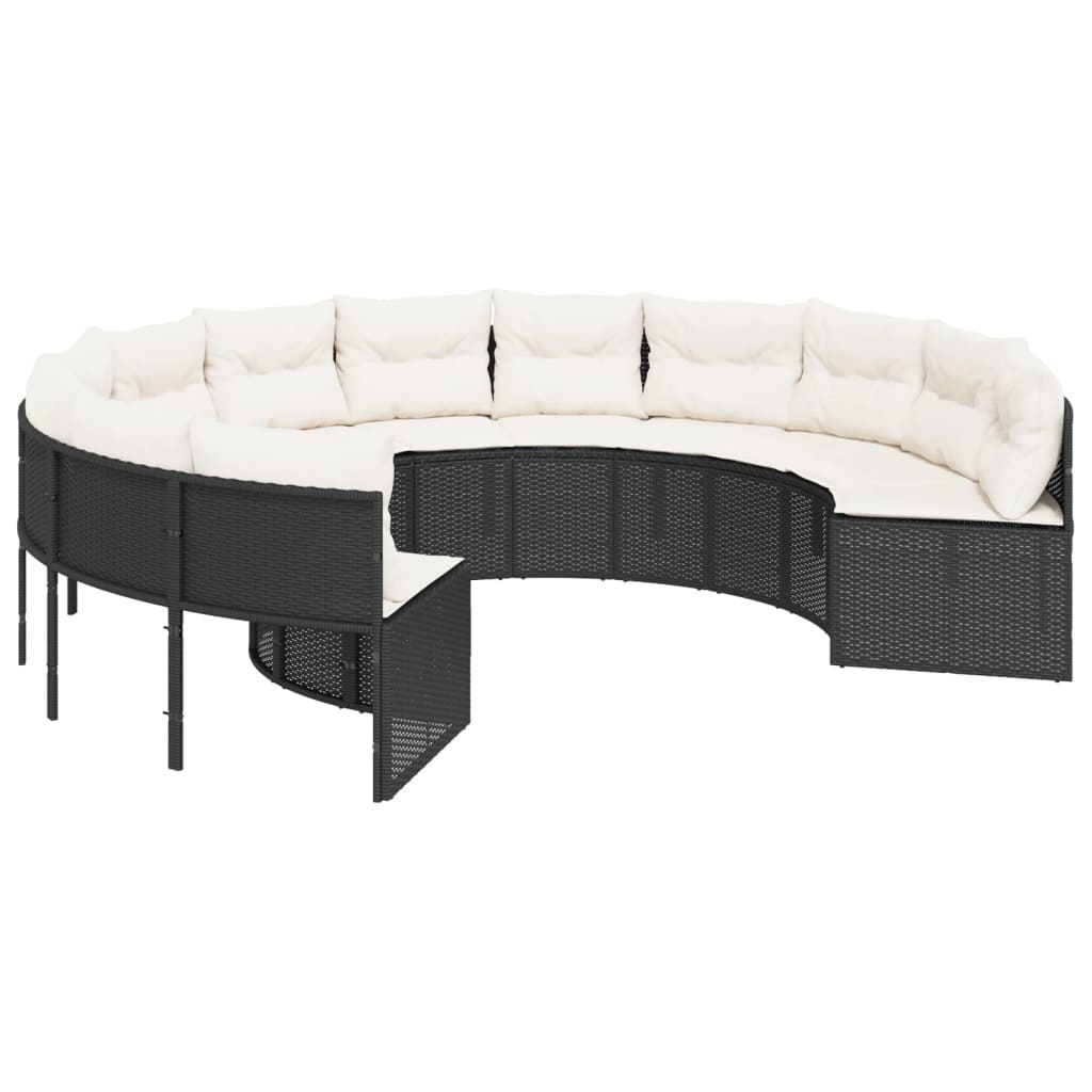 vidaXL Gartensofa mit Tisch und Kissen Rund Schwarz Poly-Rattan