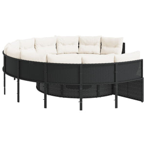 vidaXL Gartensofa mit Tisch und Kissen Rund Schwarz Poly-Rattan