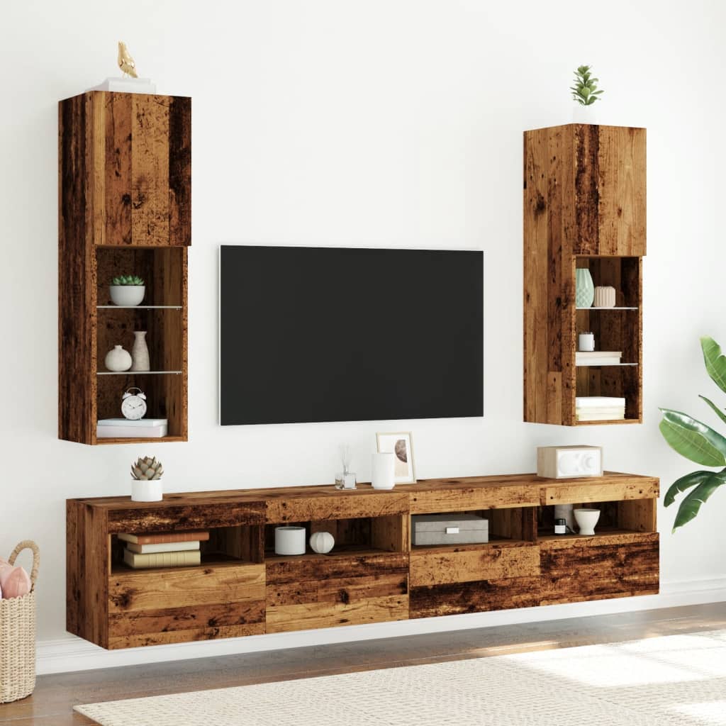 vidaXL TV-Schränke mit LED-Leuchten 2 Stk. Altholz-Optik 30,5x30x102cm