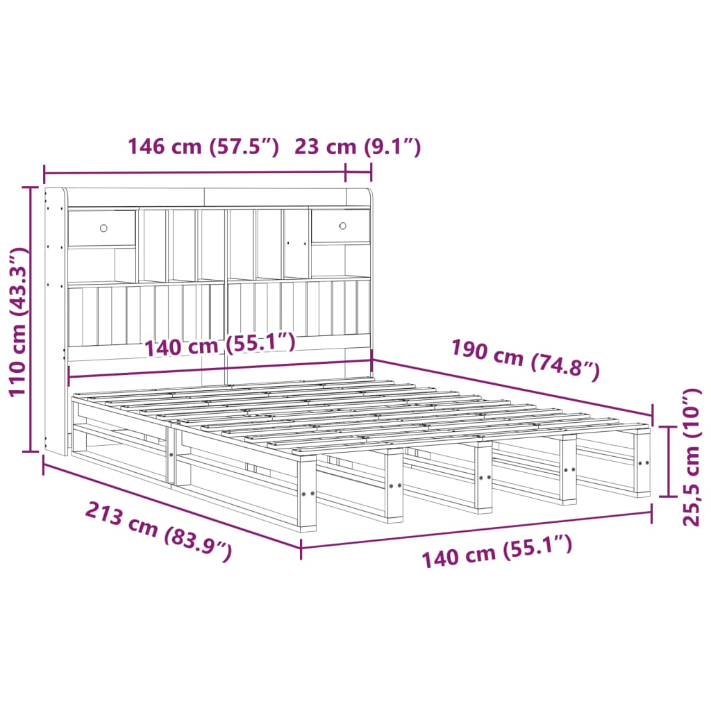 vidaXL Massivholzbett mit Regal ohne Matratze Weiß 140x190 cm Kiefer