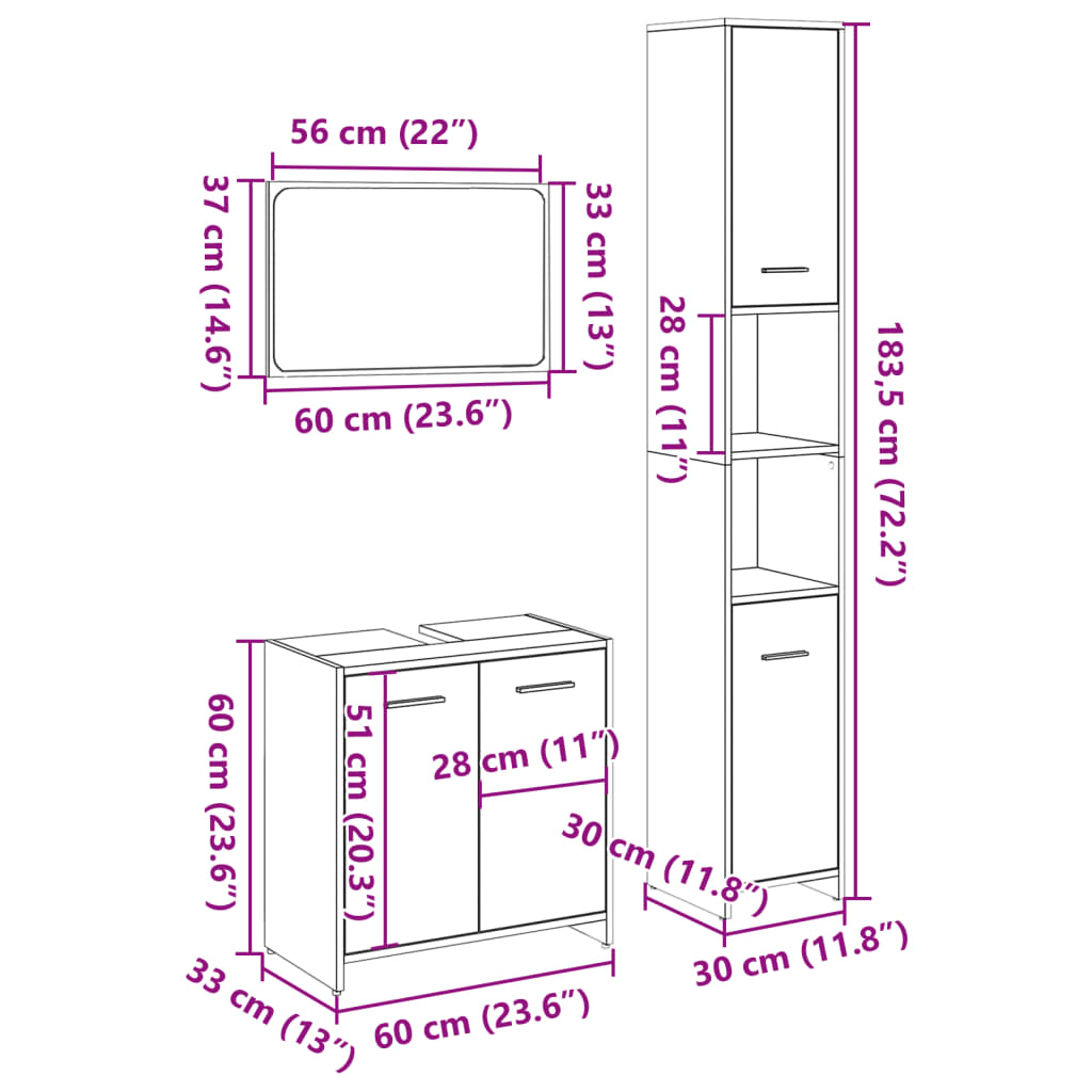 vidaXL 3-tlg. Badmöbel-Set Sonoma-Eiche Holzwerkstoff