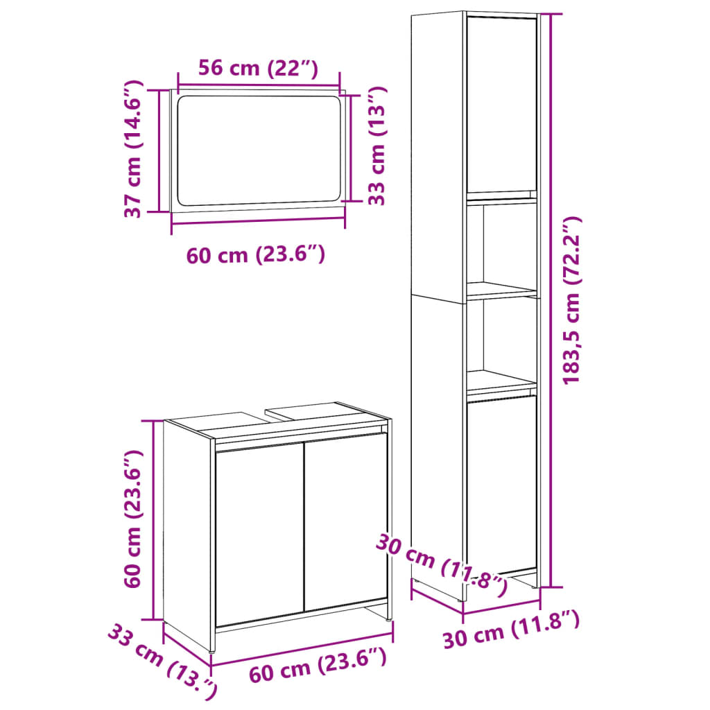 vidaXL 3-tlg. Badmöbel-Set Sonoma-Eiche Holzwerkstoff