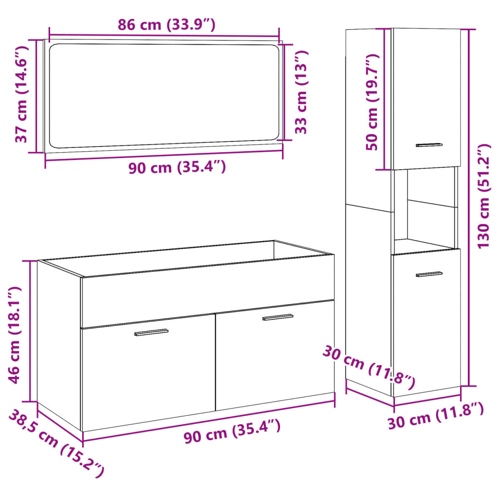 vidaXL 3-tlg. Badmöbel-Set Sonoma-Eiche Holzwerkstoff