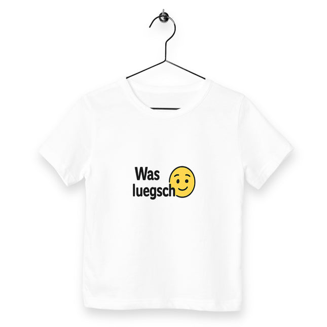 Kinder T-Shirt was luegsch? - vorderseite_weiß