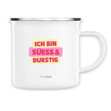 Emaille Tasse Süess & Durstig - vorderseite_weiß