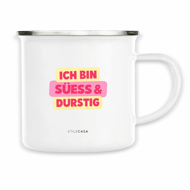 Emaille Tasse Süess & Durstig - vorderseite_weiß