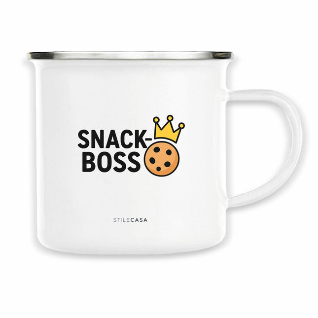 Emaille Tasse Snack Boss - vorderseite_weiß