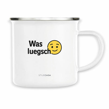 Emaille Tasse - was luegsch - vorderseite_weiß
