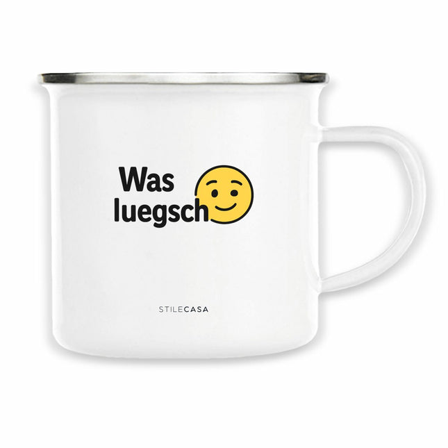 Emaille Tasse - was luegsch - vorderseite_weiß